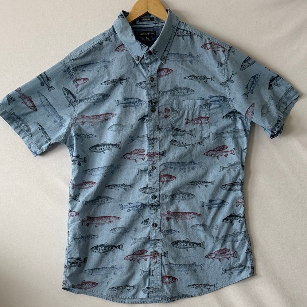 Eddie Bauer Trout‎ Bass Fish Button Down Short Sleeve Shirt Size LT